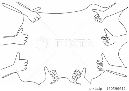 Single continuous line drawing some hands make a thumbs up gesture. Symbol of appreciation from some people. Approval. Pleasant deeds. National Screenwriters Day. One line design vector illustration 120596611