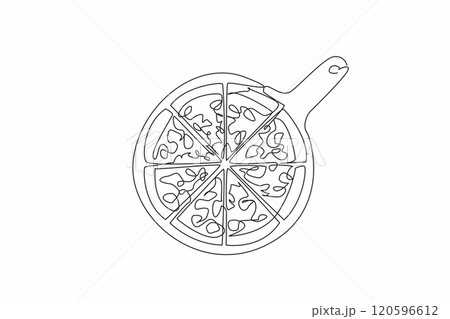 Continuous one line drawing a pizza on a round serving tray. The deliciousness and convenience of pizza. Eaten with loved ones. Tasty. National Pizza Day. Single line draw design vector illustration 120596612