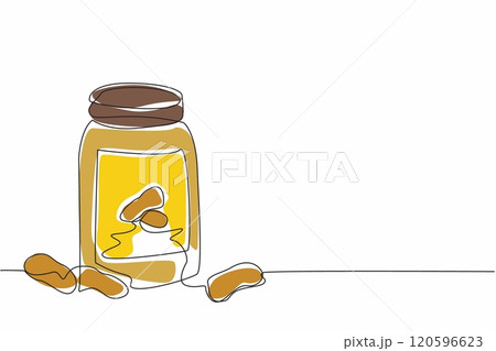 Single one line drawing peanuts scattered near a jar of peanut butter. Advertising. It's pleasing to the eye. Creates appetite. National Peanut Butter Day. Continuous line design graphic illustration Single one line drawing peanuts scattered near a jar of peanut butter. Advertising. It's pleasing to the eye. Creates appetite. National Peanut Butter Day. Continuous line design graphic illustration 120596623