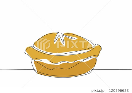 Continuous one line drawing pie seen from the side. Fresh from the oven. Enjoy immediately while it's warm. Delicious. Tasty. Savory. National Pie Day. Single line draw design vector illustration Continuous one line drawing pie seen from the side. Fresh from the oven. Enjoy immediately while it's warm. Delicious. Tasty. Savory. National Pie Day. Single line draw design vector illustration 120596628