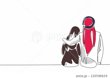 Single continuous line drawing young couple Arabian man and woman sitting. The man embraces. Giving warmth. Dating. Loving. Cheerful weekend. National Spouses Day. One line design vector illustration 120596629