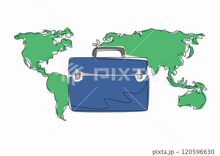 Single continuous line drawing briefcase with world map background. Business trip abroad. Conducting comparative study assignments. International Customs Day. One line design vector illustration 120596630