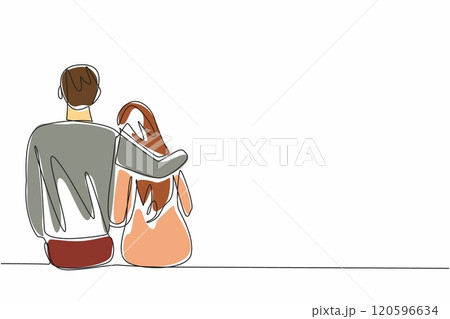 Continuous one line drawing man embracing his female partner who is sitting. Calming. Eliminates anxiety. Support the beloved woman. National Spouses Day. Single line draw design vector illustration 120596634