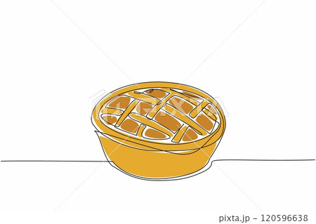 Single one line drawing pie with woven lines. Filled with fruit for freshness in the mouth. Traditional snacks with classic shape. Tasty. National Pie Day. Continuous line design graphic illustration Single one line drawing pie with woven lines. Filled with fruit for freshness in the mouth. Traditional snacks with classic shape. Tasty. National Pie Day. Continuous line design graphic illustration 120596638