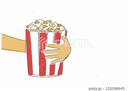 National Popcorn Day. One single line drawing of hand grabbing stripped pop corn paper bucket contain sweet popcorn. Delicious snack to accompany watching movie. Continuous line draw vector graphic National Popcorn Day. One single line drawing of hand grabbing stripped pop corn paper bucket contain sweet popcorn. Delicious snack to accompany watching movie. Continuous line draw vector graphic 120596645