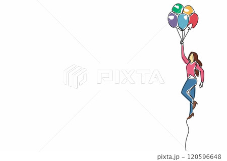 Single one line drawing female worker standing holding many balloons. Celebrating the division's success. Full of color and joy. National Fun at Work Day. Continuous line design graphic illustration 120596648
