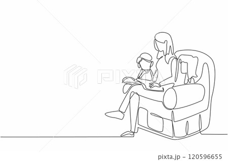 Single continuous line drawing woman and her two children sitting on the sofa and reading a book together. Like a community. Good hobby. World Read Aloud Day. One line design vector illustration Single continuous line drawing woman and her two children sitting on the sofa and reading a book together. Like a community. Good hobby. World Read Aloud Day. One line design vector illustration 120596655