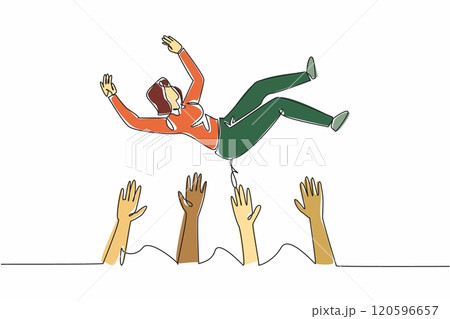 Single continuous line drawing the female worker was lifted and thrown upwards by several hands. Celebrate with joy. Greatest teamwork. National Fun at Work Day. One line design vector illustration 120596657
