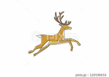 Single one line drawing deer jumping. Famous animals when winter comes. Living naturally in the cold nature. Snow animals. Fauna. Wildlife. World Snow Day. Continuous line design graphic illustration 120596658