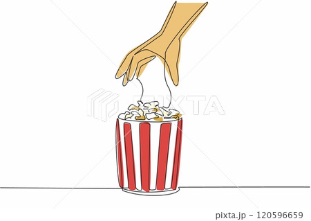 Happy National Popcorn Day. Single continuous line drawing of person hand picking caramel flavor popcorn up from stripped pop corn paper bucket. Food snack concept. One line draw vector illustration Happy National Popcorn Day. Single continuous line drawing of person hand picking caramel flavor popcorn up from stripped pop corn paper bucket. Food snack concept. One line draw vector illustration 120596659