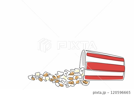 Single continuous line drawing of scattered honey popcorn fall from the stripped paper bucket into the floor. Happy National Popcorn Day. Snack for leisure time concept. Vector illustration artwork 120596665