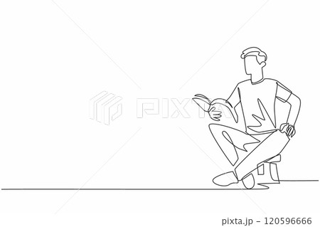 Single one line drawing man sitting on child's chair reading book. Telling an exciting story book. Cultivating interest in reading. World Read Aloud Day. Continuous line design graphic illustration 120596666