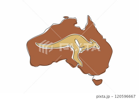 Single continuous line drawing kangaroo in the middle of the map of the Australian continent. A marsupial that can jump very far. Signature animals. Australia Day. One line design vector illustration 120596667