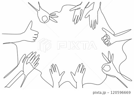 Single one line drawing several hands with several kinds of gestures. Get recognition and praise. Surrounded by positive aura. National Screenwriters Day. Continuous line design graphic illustration 120596669