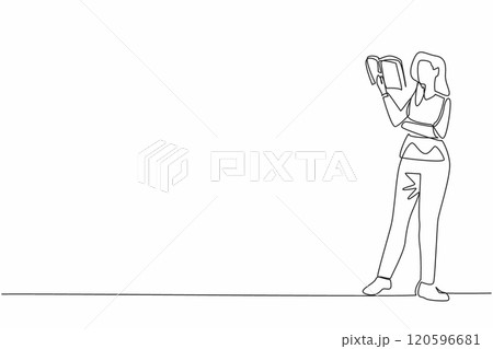 Continuous one line drawing woman standing while reading book.  Stage of art performance. Expressing what is read. Excerpt of a poem. World Read Aloud Day. Single line draw design vector illustration 120596681