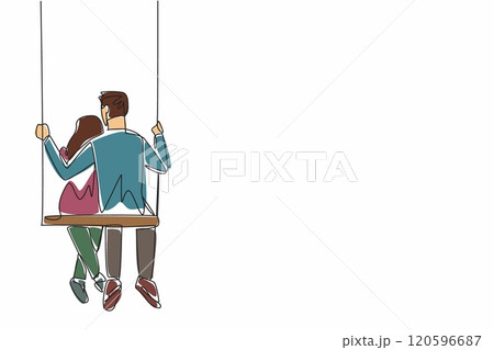 Continuous one line drawing a married couple hugging each other's backs on a swing. Giving each other warmth. Talking about future plans. National Hug Day. Single line draw design vector illustration 120596687