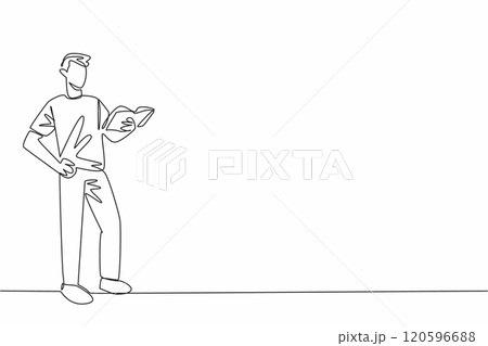 Single continuous line drawing man standing holding a book and reading it. Reading literature books. Poetry. Novels. Expressive. Appreciation. World Read Aloud Day. One line design vector illustration 120596688