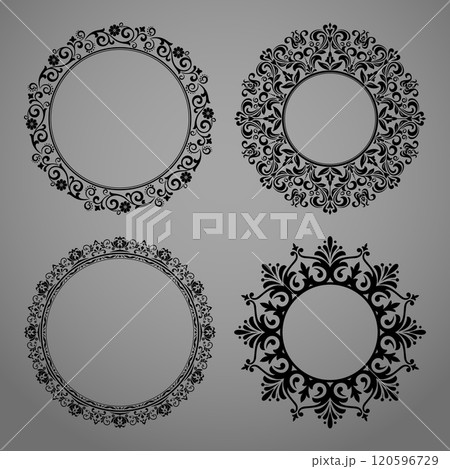 Set of decorative frames Elegant vector element for design in Eastern style, place for text. Floral black and gray borders. Lace illustration for invitations and greeting cards 120596729