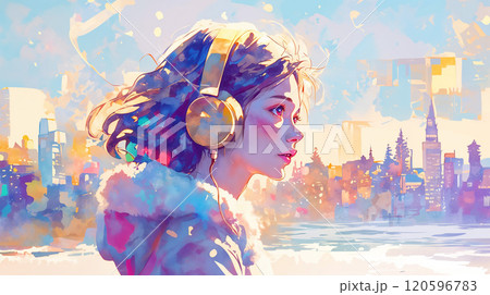 雪の降る街をヘッドフォンをして歩く女性 120596783
