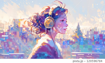 雪の降る街をヘッドフォンをして歩く女性 120596784