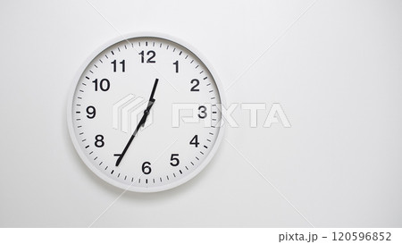 Clean White Clock at 12.35 or 00.35 on Minimalist White Background - Ideal for Time Concepts and Modern Design 120596852