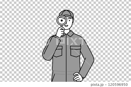 A mechanic in overalls holding a magnifying glass and putting his hands on his hips 120596950