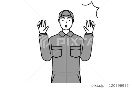驚いて手を上げるつなぎ姿の整備士 120596955