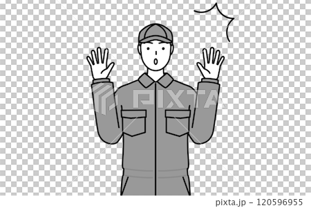 驚いて手を上げるつなぎ姿の整備士 120596955