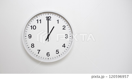 Clean White Clock at 13.00 or 01.00 on Minimalist White Background - Ideal for Time Concepts and Modern Design Clean White Clock at 13.00 or 01.00 on Minimalist White Background - Ideal for Time Concepts and Modern Design 120596957