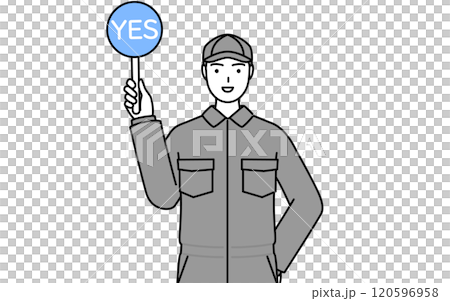 正解を示すイエスの棒を持つつなぎ姿の整備士 正解を示すイエスの棒を持つつなぎ姿の整備士 120596958