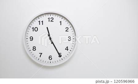 Clean White Clock at 11.25 or 23.25 on Minimalist White Background - Ideal for Time Concepts and Modern Design 120596966