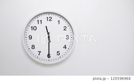 Clean White Clock at 11.30 or 23.30 on Minimalist White Background - Ideal for Time Concepts and Modern Design 120596968
