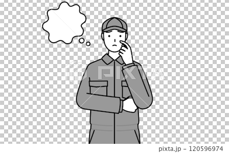 顔に手を当てて考えるつなぎ姿の整備士 顔に手を当てて考えるつなぎ姿の整備士 120596974