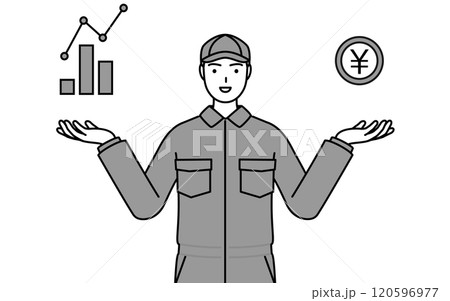 DXのイメージ、業績と売上の向上を案内するつなぎ姿の整備士 DXのイメージ、業績と売上の向上を案内するつなぎ姿の整備士 120596977