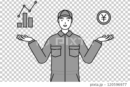 DXのイメージ、業績と売上の向上を案内するつなぎ姿の整備士 DXのイメージ、業績と売上の向上を案内するつなぎ姿の整備士 120596977