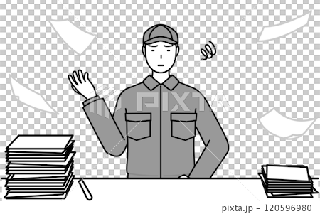 A mechanic in overalls is fed up with the unfinished business A mechanic in overalls is fed up with the unfinished business 120596980