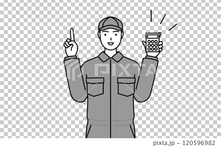 A mechanic in overalls holding a calculator and pointing 120596982