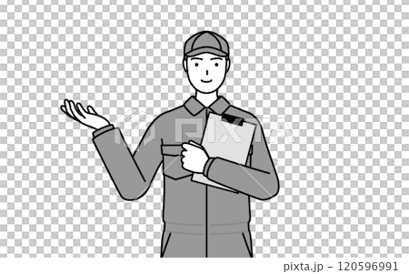 A mechanic in overalls holding a clipboard and spreading his hands 120596991