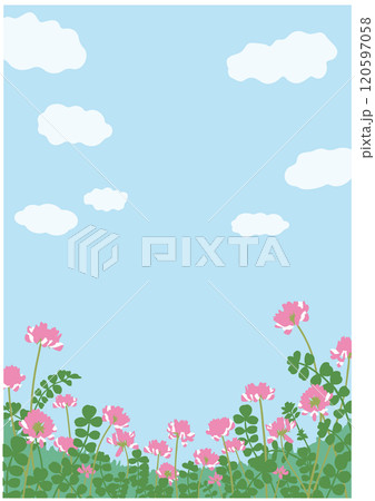 満開のれんげ畑と青空　背景イラスト2 120597058