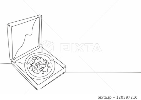 Single continuous line drawing pizza in a box with the lid open. Various toppings. Offering the pleasure of traditional food. Italian delight. National Pizza Day. One line design vector illustration Single continuous line drawing pizza in a box with the lid open. Various toppings. Offering the pleasure of traditional food. Italian delight. National Pizza Day. One line design vector illustration 120597210