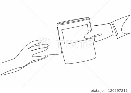 Single continuous line drawing a hand extends to receive book from another hand. Gift. A loan. Exchange. Sharing. Transfer knowledge. International Book Giving Day. One line design vector illustration 120597211
