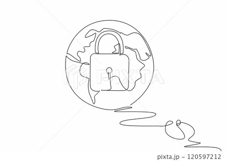 Single one line drawing a mouse connected to a globe with a padlock in the middle. Global security, data protection. Secure. Safety. Safer Internet Day. Continuous line design graphic illustration Single one line drawing a mouse connected to a globe with a padlock in the middle. Global security, data protection. Secure. Safety. Safer Internet Day. Continuous line design graphic illustration 120597212