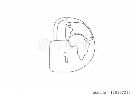 Single one line drawing half padlock and half of a globe. Too many threats in cyberspace. Protected with double security. Password. Safer Internet Day. Continuous line design graphic illustration Single one line drawing half padlock and half of a globe. Too many threats in cyberspace. Protected with double security. Password. Safer Internet Day. Continuous line design graphic illustration 120597213