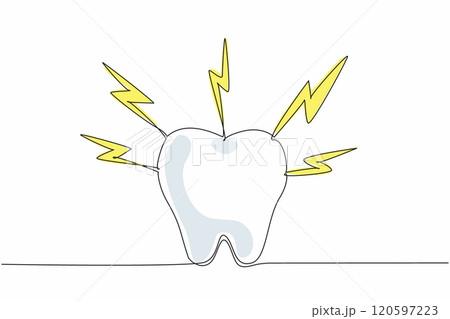 Single one line drawing a tooth is surrounded by lightning bolts. The pain and discomfort associated with toothaches. Dental health. National Toothache Day. Continuous line design graphic illustration 120597223