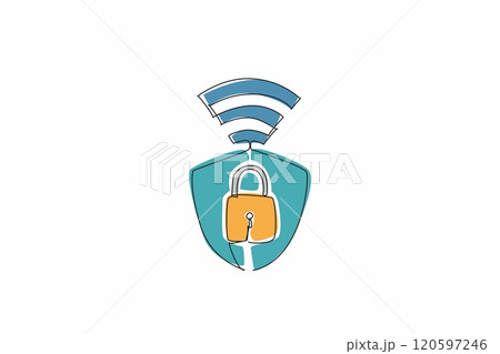 Single one line drawing shield inside there is a padlock with Wi-Fi signals. Layered protection is needed in the digital age. Firewall. Safer Internet Day. Continuous line design graphic illustration 120597246