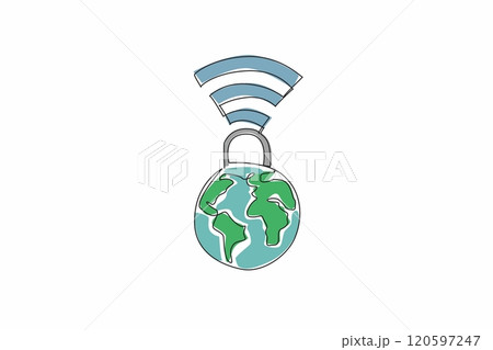 Single continuous line drawing a padlock connected to a globe with Wi-Fi signals. Safeguarding information in an interconnected world. Secure. Safer Internet Day. One line design vector illustration 120597247