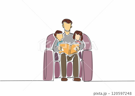 Continuous one line drawing man with two children sitting on sofa reading a book together. A model father. A good hobby to pass on. World Read Aloud Day. Single line draw design vector illustration 120597248