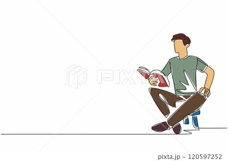 Single one line drawing man sitting on child's chair reading book. Telling an exciting story book. Cultivating interest in reading. World Read Aloud Day. Continuous line design graphic illustration 120597252