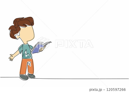 Single continuous line drawing boy standing reading a book. Interesting stories. Cultivate children's interest in reading through comic. World Read Aloud Day. One line design vector illustration Single continuous line drawing boy standing reading a book. Interesting stories. Cultivate children's interest in reading through comic. World Read Aloud Day. One line design vector illustration 120597266