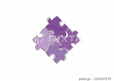 Single one line drawing the puzzle pieces arranged. Various colors that match. Different to complete each other. Philosophy. Metaphor. National Puzzle Day. Continuous line design graphic illustration 120597270
